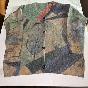 Yesno Cardigan Sweater Large / XL Cotton Wool Floral Leaf Mixed Art to Wear EUC